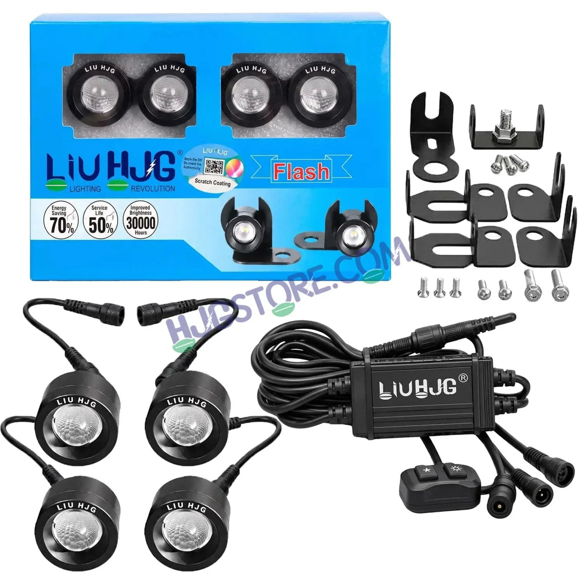 HJG 4 Pcs Motorcycle LED Strobe Light Kit with Remote Control, Wiring Harness, Relay Module & Switch - RGB Multi-Color Flashing Auxiliary Projector Lights - Universal Fit for Bikes, Cars, SUVs, Cruisers & Custom Builds - Biker.Store - www.biker.store