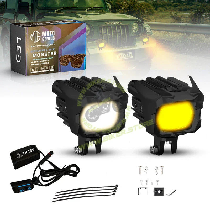 Moto Genius TK-100 WITH HARNESS 70W piece Dual Beam LED Auxiliary Fog Light for Motorcycles & Cars | White & Yellow Light | Universal Fit | Waterproof | High Brightness - Biker.Store - www.biker.store