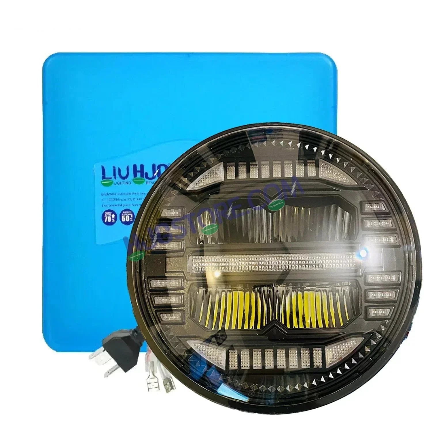 HJG 7 Inch New Minus White LED Headlight New Model Minus Headlight Assembly for Thar Royal Enfield | 75-120W CREE/Osram LED Chip Multi color Compatible with Royal Enfield, Jeep, Thar, Gypsy - Biker.Store - www.biker.store