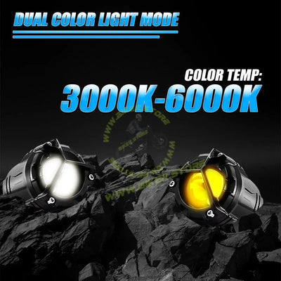 MOTO GENIUS VK350 Mini Dual Color LED Fog Light Kit with Y-Type Harness | Korean Chip 2-in-1 Spot & Flood Beam | Yellow & White Auxiliary Lights for Bike & Car (Pack of 2) - Biker.Store - www.biker.store