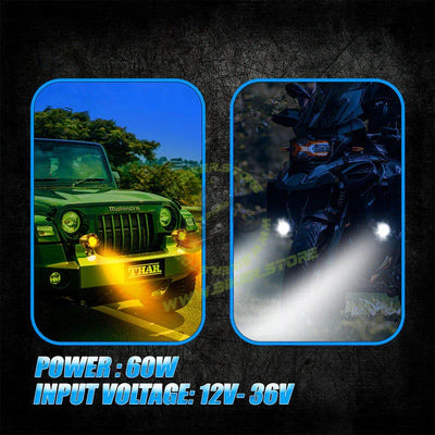 MOTO GENIUS VK350 Mini Dual Color LED Fog Light Kit with Y-Type Harness | Korean Chip 2-in-1 Spot & Flood Beam | Yellow & White Auxiliary Lights for Bike & Car (Pack of 2) - Biker.Store - www.biker.store
