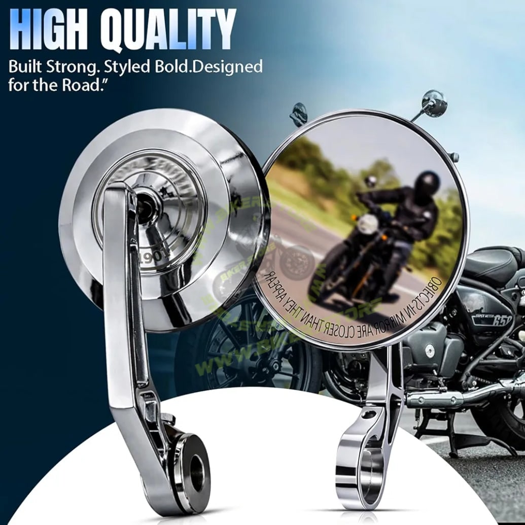 Royal Enfield Bar End Chrome Mirror Premium Chrome Bar-End Mirrors for Royal Enfield | Wide Clear View | Strong & Vibration-Resistant | Easy Fit Handle Bar End Fitting Royal Enfield All Models - Biker.Store - www.biker.store