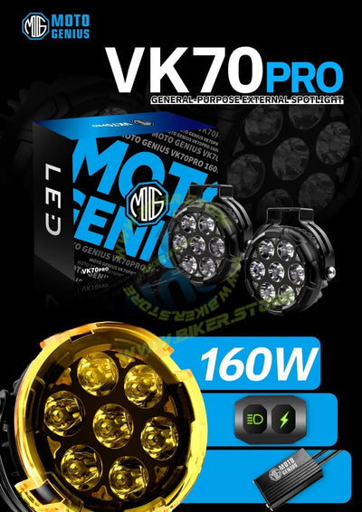 Moto Genius VK 70 Pro 90W piece, LED Auxiliary Fog Lights with DRL | Wiring Harness & Mounts Included | Yellow Covers | Ultra Bright Touring Lights (Pack of 2) - Biker.Store - www.biker.store