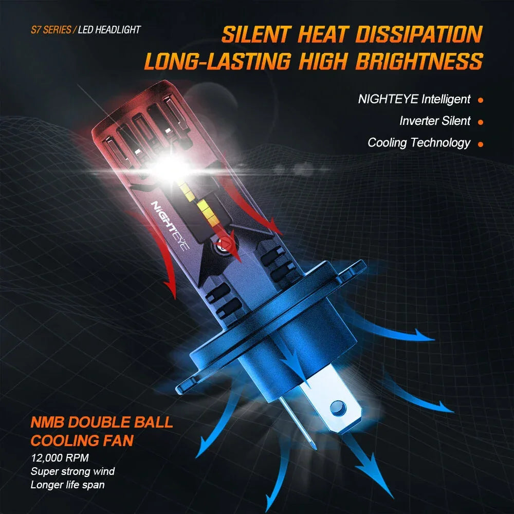 NightEye A315-S7 H4 Hi/Lo Pair 20000LM 6500K LED Car Headlight Bulbs 70W Auto Headlamp IP68 Waterproof for Modification Cars - Type H4 Hi/Lo - Biker.Store - www.biker.store