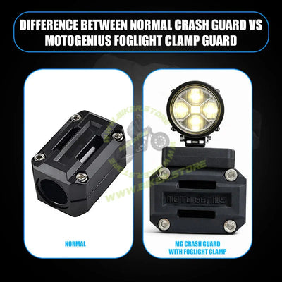 MOTO GENIUS Universal Motorcycle Crash Guard Sliders with Fog Light Clamp Mount | Engine Frame Protector | Auxiliary/Fog Light Bracket Holder | Heavy Duty Bike Safety Guard - Biker.Store - www.biker.store