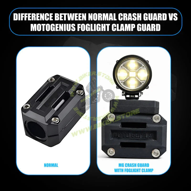 MOTO GENIUS Universal Motorcycle Crash Guard Sliders with Fog Light Clamp Mount | Engine Frame Protector | Auxiliary/Fog Light Bracket Holder | Heavy Duty Bike Safety Guard - Biker.Store - www.biker.store