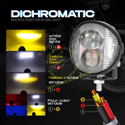 MOTO GENIUS Mini Motorcycle LED Fog Light 30W Dual Flash, Multi-Color Yellow/White/Red/Blue Spotlight, Red & Blue Warning Strobe, Compact Auxiliary Driving Light - Biker.Store - www.biker.store