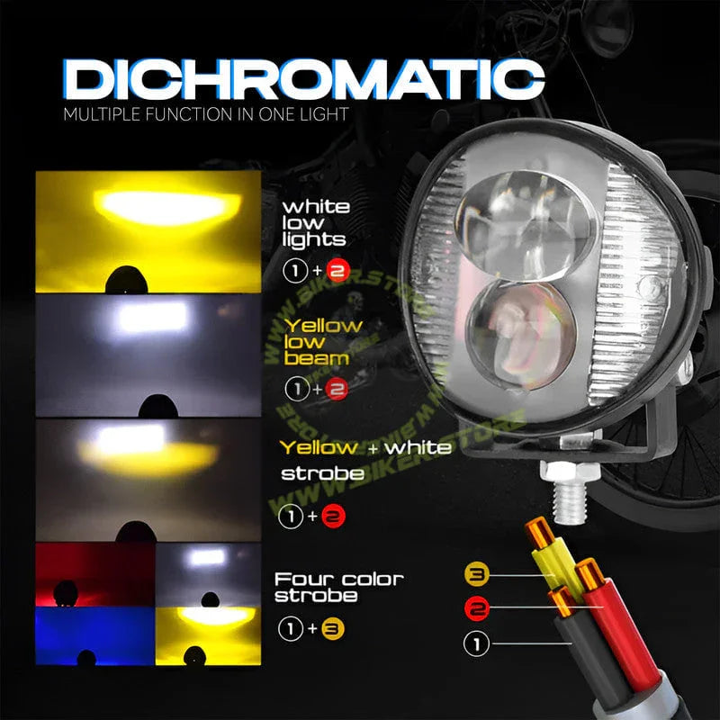 MOTO GENIUS Mini Motorcycle LED Fog Light 30W Dual Flash, Multi-Color Yellow/White/Red/Blue Spotlight, Red & Blue Warning Strobe, Compact Auxiliary Driving Light - Biker.Store - www.biker.store