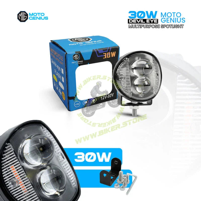 MOTO GENIUS Mini Motorcycle LED Fog Light 30W Dual Flash, Multi-Color Yellow/White/Red/Blue Spotlight, Red & Blue Warning Strobe, Compact Auxiliary Driving Light - Biker.Store - www.biker.store