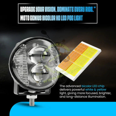 MOTO GENIUS Mini Motorcycle LED Fog Light 30W Dual Flash, Multi-Color Yellow/White/Red/Blue Spotlight, Red & Blue Warning Strobe, Compact Auxiliary Driving Light - Biker.Store - www.biker.store