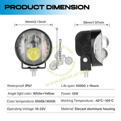 MOTO GENIUS Mini Motorcycle LED Fog Light 30W Dual Flash, Multi-Color Yellow/White/Red/Blue Spotlight, Red & Blue Warning Strobe, Compact Auxiliary Driving Light - Biker.Store - www.biker.store