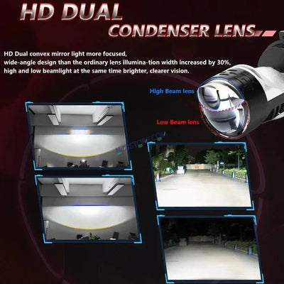 HJG Dual Y6 Condenser RTD Lens Dual Projector Lens H4 LED Bulb 50W HJG Y6 Projector Light Lamp H4 LED Mini Projector Lens with Fan for Bike Bulb 7000LM Conversion Kit Hi/Lo Beam Headlight 12V/24V for Motorcycle, Set of 1, White Hi/Lo - Biker.Store - www.biker.store