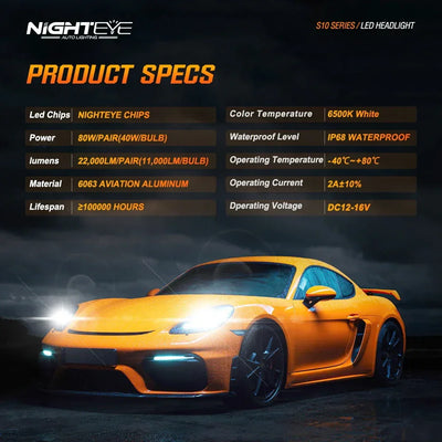 NightEye A315-S10 2PCS H4 Hi/Lo Socket 6500K White LED Car Headlight Bulbs 22000LM/Pair LED Front Headlamp IP68 Waterproof - Type H4 Hi/Lo - Biker.Store - www.biker.store
