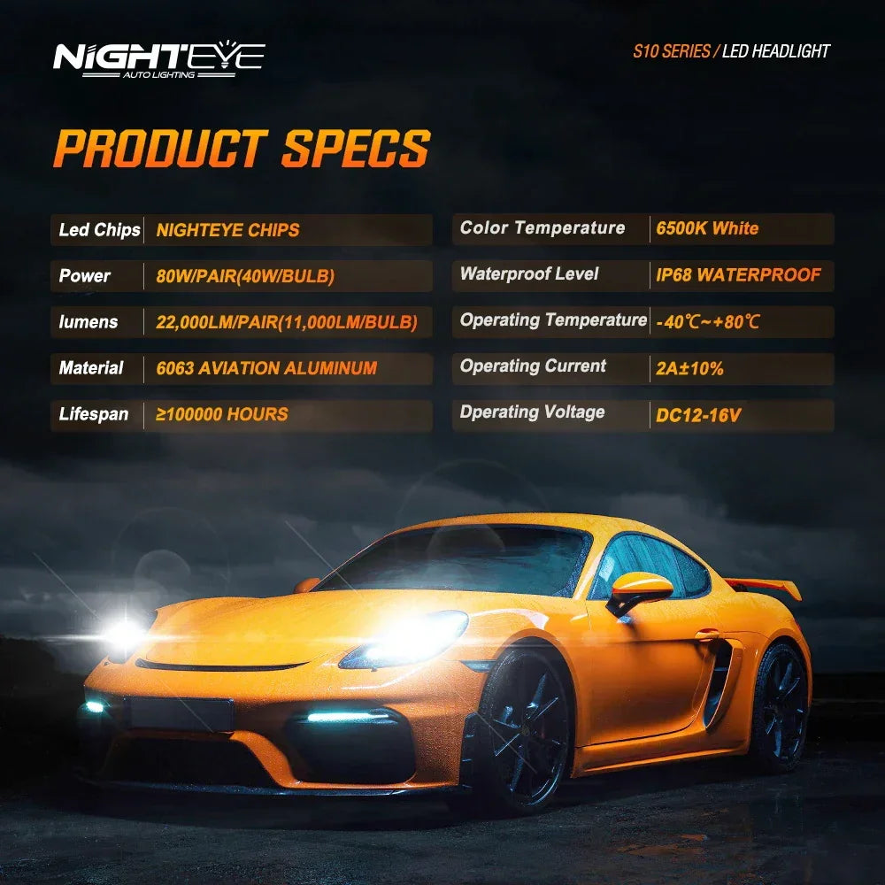 NightEye A315-S10 2PCS H7 Two Pin Socket 6500K White LED Car Headlight Bulbs 22000LM/Pair LED Front Headlamp IP68 Waterproof - Type H7 Two Pin - Biker.Store - www.biker.store