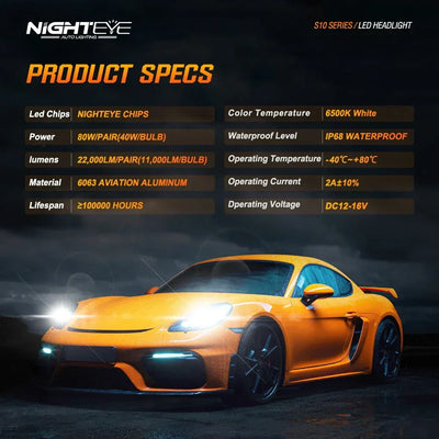NightEye A315-S10 9005/HB3 2PCS 6500K White LED Car Headlight Bulbs 22000LM/Pair LED Front Headlamp IP68 Waterproof - Type 9005/HB3 - Biker.Store - www.biker.store