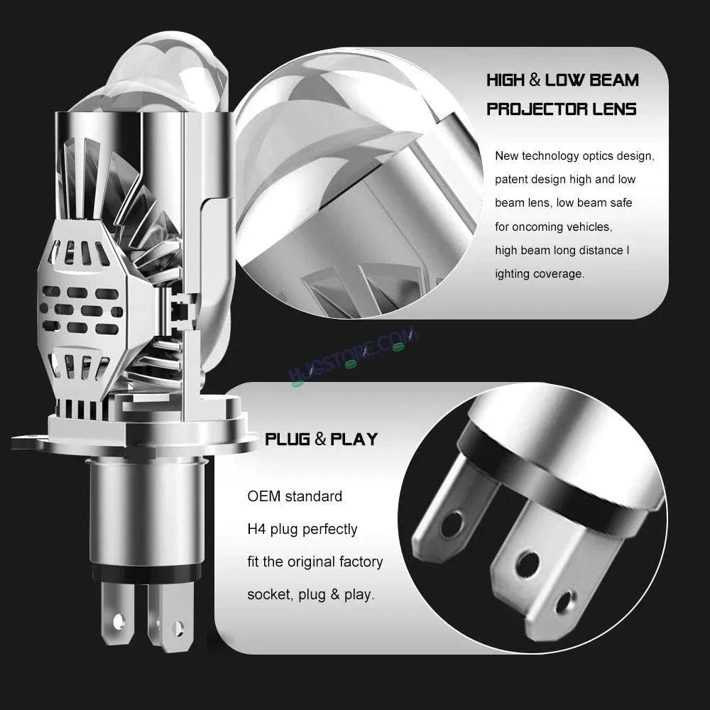 HJG RTD Lens H4 2pc for Car New Model RTD Lens Dual Projector Lens H4 LED Bulb 100W HJG Projector Light H4 LED Mini Projector Lens with Fan Bulb 12000LM Conversion Kit Hi/Lo Beam Headlight 12V/24V for Bike/Car/SUV, Set of 2, Red Devil DRL/White Hi/Lo 2pc - Biker.Store - www.biker.store