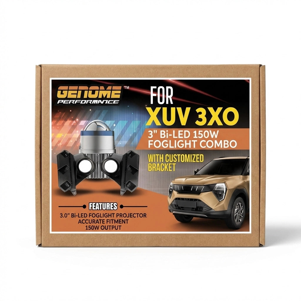 Genome 3 Inch Neo 250 Bi-LED Projector Direct Fit for Mahindra XUV 3X0 250W (With Black Bezels, White Halos) Headlight Projector 250W High Power 5500K 34000 Lumens High Brightness - with Customized Bracket for Mahindra XUV 3XO - Biker.Store - www.biker.store