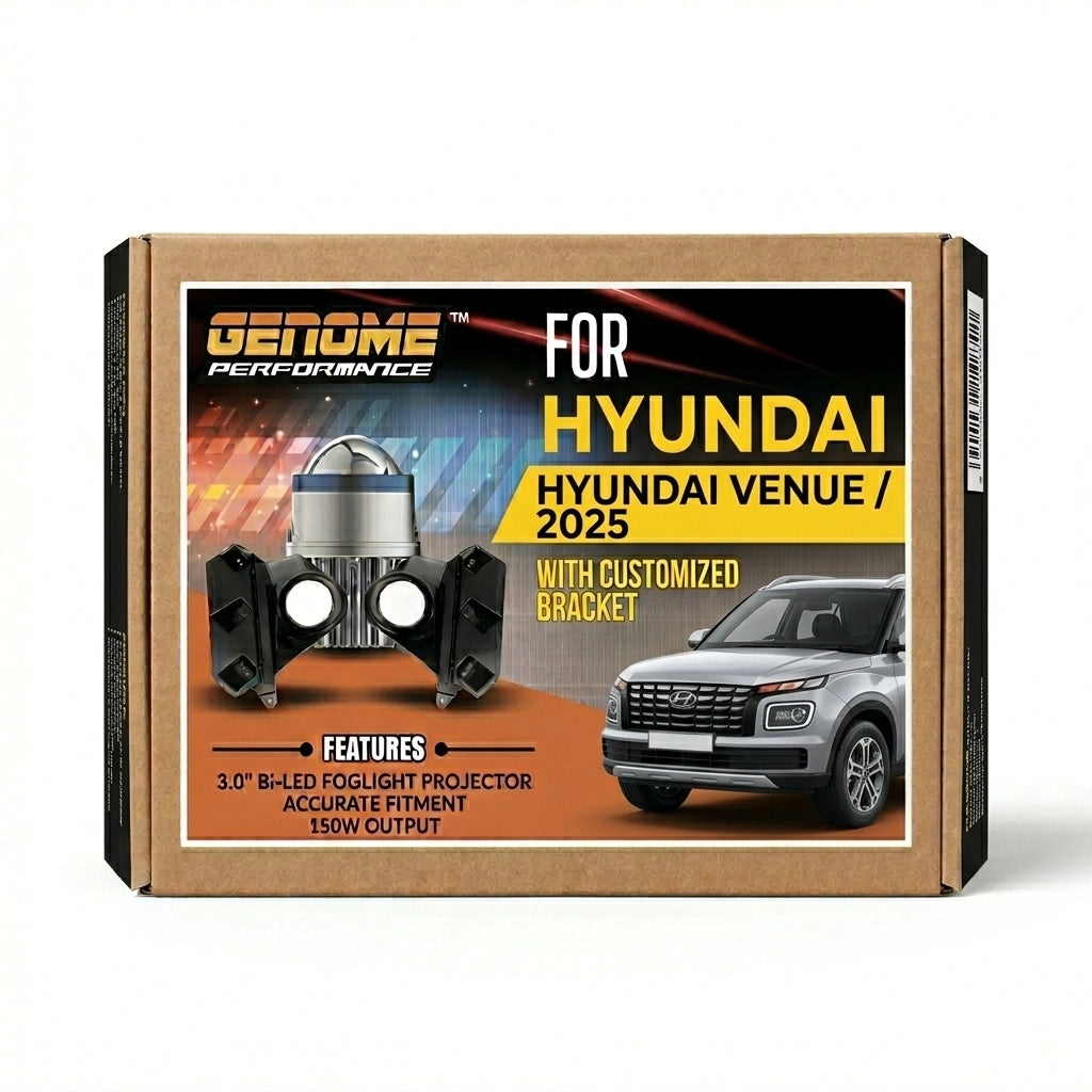 Genome 3 Inch Neo 250 Bi-LED Projector Direct Fit for Hyundai Venue 250W (With Black Bezels, White Halos) Headlight Projector 250W High Power 5500K 34000 Lumens High Brightness - with Customized Bracket for Hyundai Venue - Biker.Store - www.biker.store