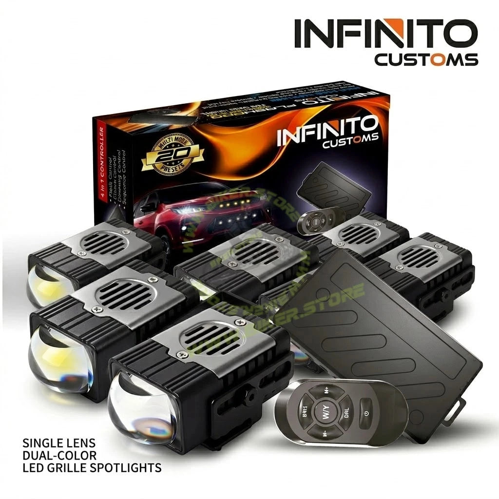 Genome Flash Pro Combo 200W 8-Piece LED Car Grille Lights Kit | 1-Inch Stealth Pods | Dual Color 3000K Yellow Low & 6000K White High Beam | Includes Wireless Remote & Wiring Harness - Biker.Store - www.biker.store