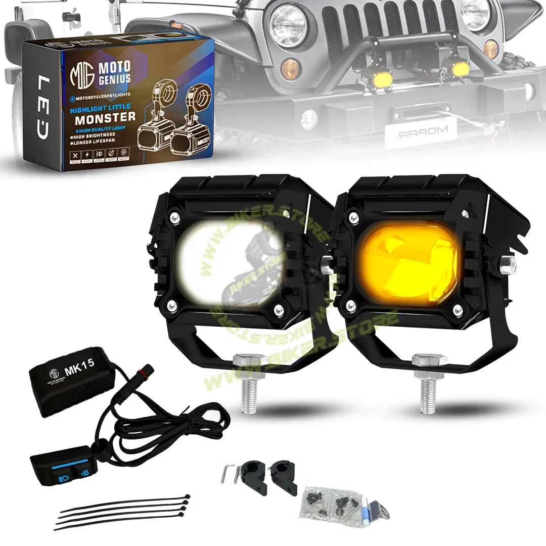 MOTO GENIUS MK15 WITH HARNESS 60W Single LED Auxiliary Fog Light | High-Performance Motorcycle Lighting | Durable & Easy Mount (Pack of 2) - Biker.Store - www.biker.store