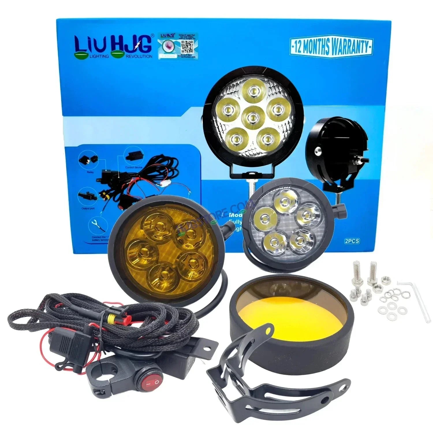 HJG 5 LED 100W Round CREE Foglight Foglamp with Yellow Cover 100W 5 LED HJG 100W 5 LED Car Accessories Led Headlights Lights Led Fog Lights For Motorcycle Car SUV Lights, Set of 2 with Wiring Harness Kit HJG 5 LED Round 100W - Biker.Store - www.biker.store