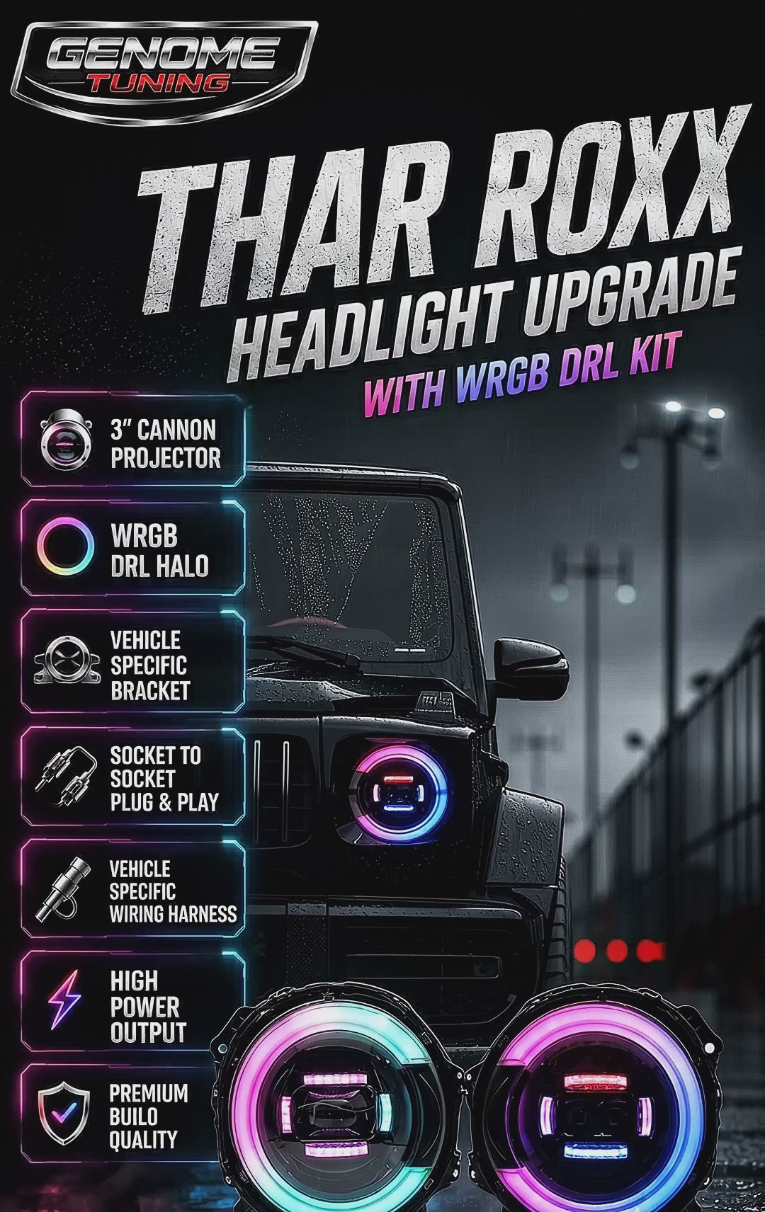 Genome Tuning Thar RGB 7-Inch 300W 36,000LM App Controlled LED Headlight Assembly for Mahindra Thar Roxx | App-Controlled Bluetooth WRGB DRL Halo, 3" Cannon Projector, Plug & Play | 24-Month Warranty