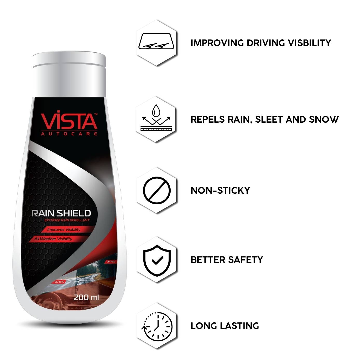 Vista Rain Shield 200 ml Rain Repellent for Windscreen and Window Glass - Biker.Store - www.biker.store