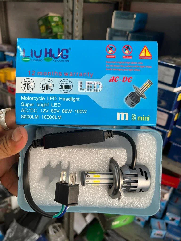 HJG M8 ORIGINAL 100W LED Headlight Bulb H4 For All Motorcycles (Low and High Beam Bulbs (White) AC/DC 100Watt 8 Side Chip) - Type H4 - Biker.Store - www.biker.store