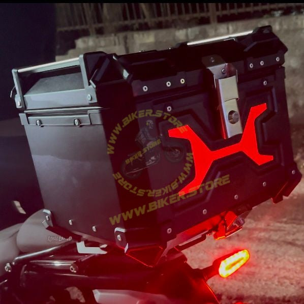 HJG 45L Aluminium Motorcycle Top Box with X-Shaped Red LED Tail Light – Waterproof, Universal Fit & Lockable - Top Box - 45Ltr (Black :- Aluminium) LIU HJG Top Box with X LED Light - Biker.Store - www.biker.store