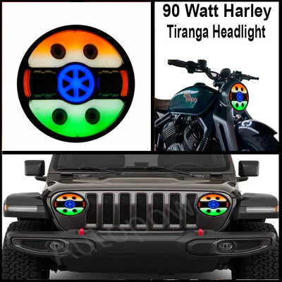 7 Inch Tri Colour Round LED Harley Headlight Fits in Royal Enfield, Thar (12V-80V 90W) (Tiranga) - Biker.Store - www.biker.store