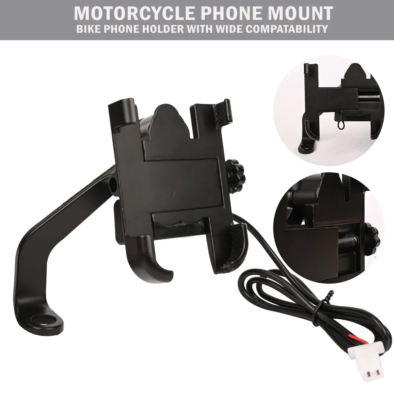 Mobile Phone Holder with USB Charger Waterproof Easy Adjustable Rear View Mirror Mount Solid Metal Cradle Stand Suitable for Bike & Mobile Phones 3.5" to 7.0" (Black) - Biker.Store - www.biker.store