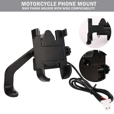 Mobile Phone Holder with USB Charger Waterproof Easy Adjustable Rear View Mirror Mount Solid Metal Cradle Stand Suitable for Bike & Mobile Phones 3.5" to 7.0" (Black) - Biker.Store - www.biker.store