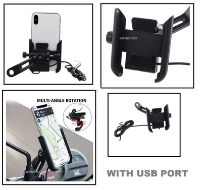 Mobile Phone Holder with USB Charger Waterproof Easy Adjustable Rear View Mirror Mount Solid Metal Cradle Stand Suitable for Bike & Mobile Phones 3.5" to 7.0" (Black) - Biker.Store - www.biker.store