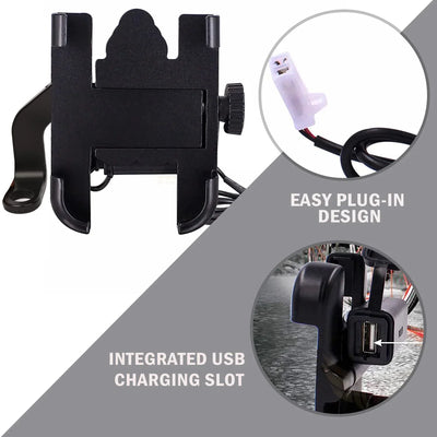 Mobile Phone Holder with USB Charger Waterproof Easy Adjustable Rear View Mirror Mount Solid Metal Cradle Stand Suitable for Bike & Mobile Phones 3.5" to 7.0" (Black) - Biker.Store - www.biker.store