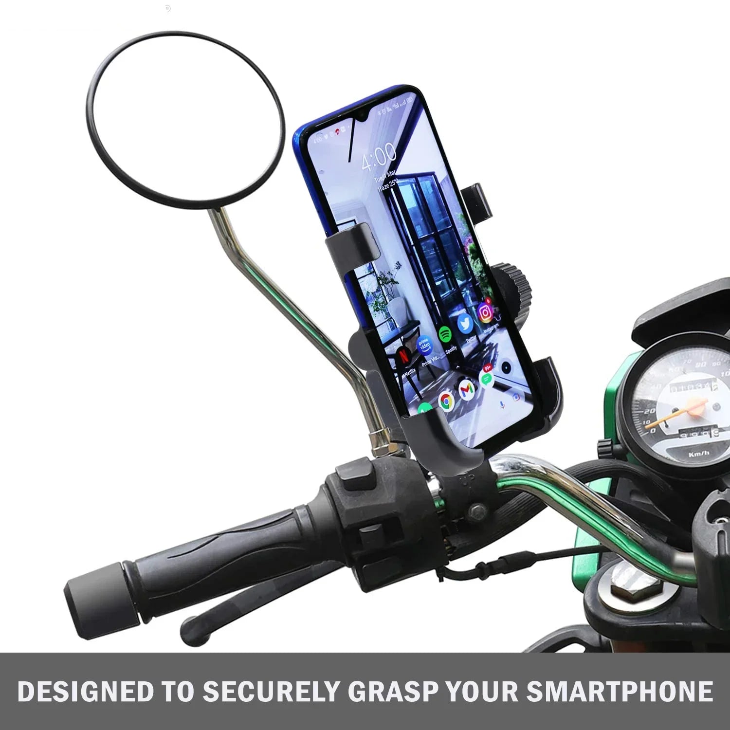 Mobile Phone Holder with USB Charger Waterproof Easy Adjustable Rear View Mirror Mount Solid Metal Cradle Stand Suitable for Bike & Mobile Phones 3.5" to 7.0" (Black) - Biker.Store - www.biker.store