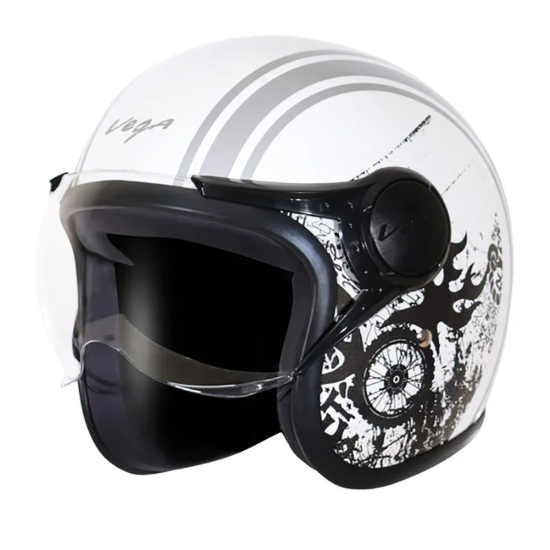 Vega Jet Old School W/Visor White Silver Helmet - Biker.Store - www.biker.store
