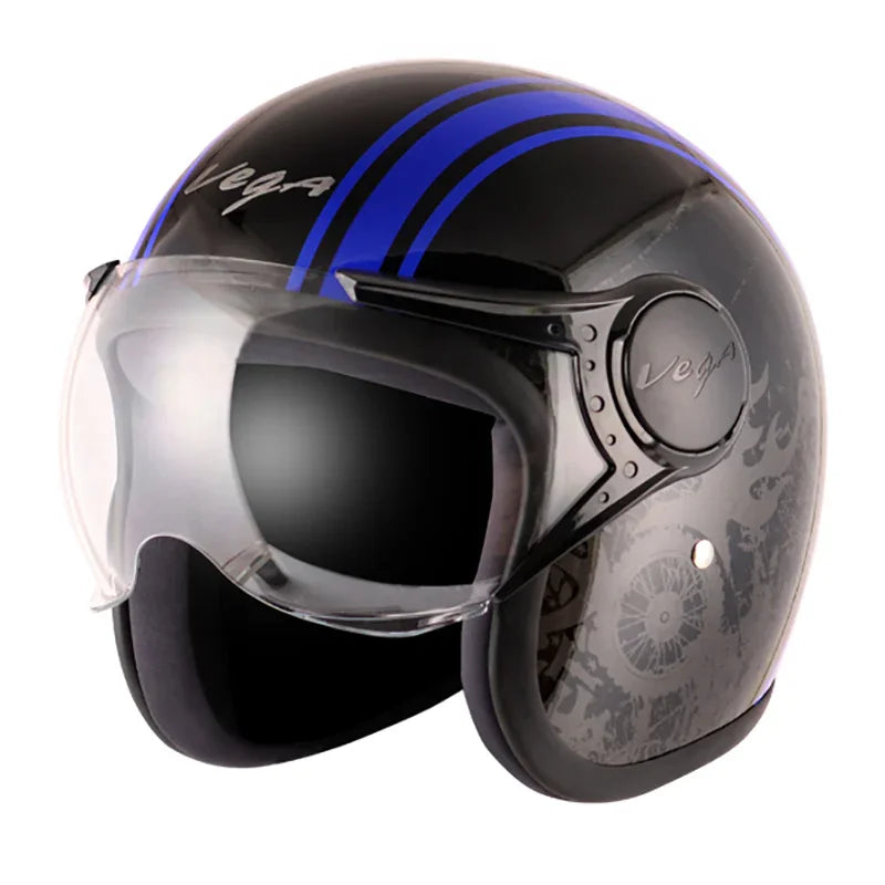 Vega Jet Old School W/Visor Black Blue Helmet - Biker.Store - www.biker.store
