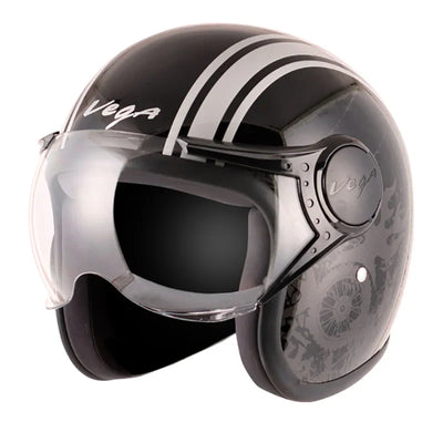 Vega Jet Old School W/Visor Black Silver Helmet - Biker.Store - www.biker.store