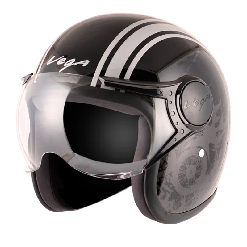 Vega Jet Old School W/Visor Black Silver Helmet - Biker.Store - www.biker.store