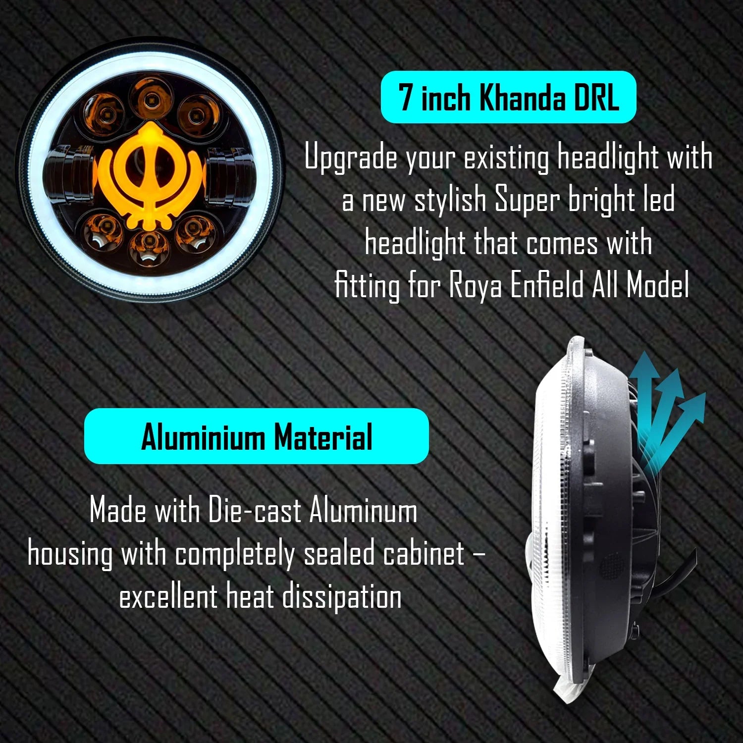 7 Inch Round Headlight Compatible with Royal Enfield, Jeep & Harley Davidson (Khanda DRL) (12V-80V 75W) - Biker.Store - www.biker.store