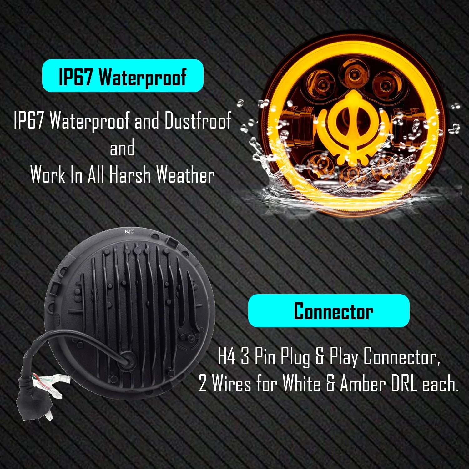 7 Inch Round Headlight Compatible with Royal Enfield, Jeep & Harley Davidson (Khanda DRL) (12V-80V 75W) - Biker.Store - www.biker.store