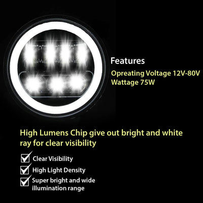 7 Inch New Round LED Headligh Fits in Jawa with High Beam, Low Beam (12V-80V 75W) - Biker.Store - www.biker.store