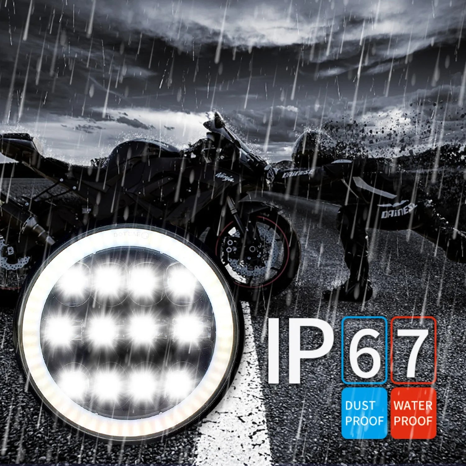 HJG 7 Inch Round Headlight Compatible with Royal Enfield, Jeep & Harley Davidson (12 LED WHITE) (12V-80V, 75W) - Biker.Store - www.biker.store