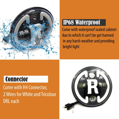 7 Inch Round Headlight Compatible with Royal Enfield, Jeep Thar & Harley Davidson (R White Harley Headlight) - Biker.Store - www.biker.store