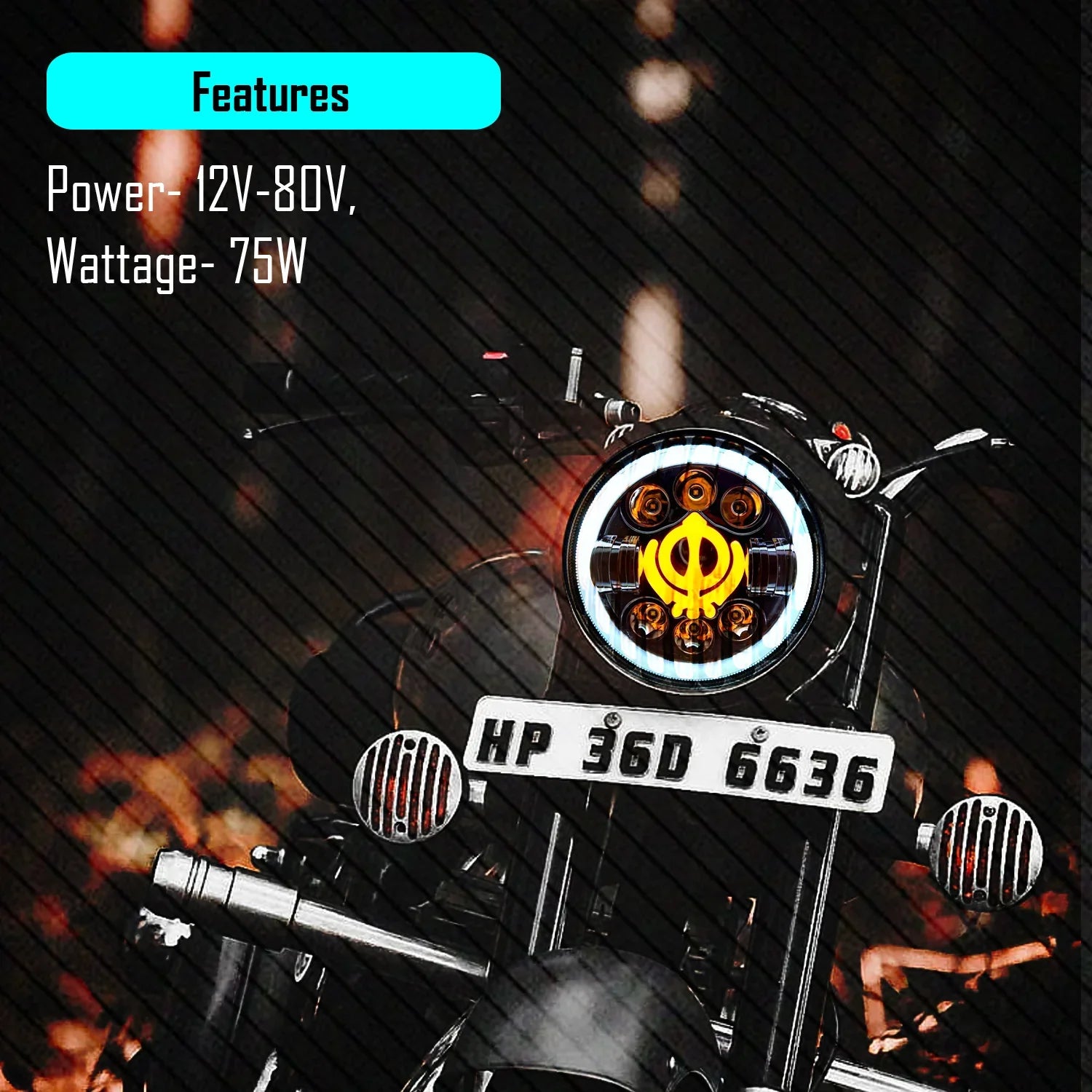 7 Inch Round Headlight Compatible with Royal Enfield, Jeep & Harley Davidson (Khanda DRL) (12V-80V 75W) - Biker.Store - www.biker.store