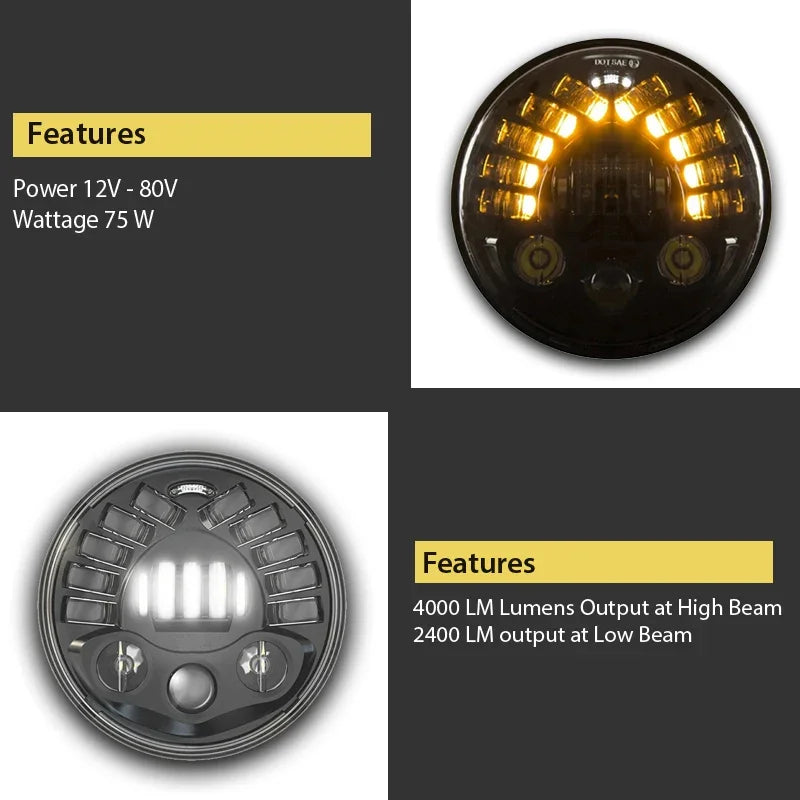 7 Inch Round Headlight with Turn Signal Indicator & Hi/Low Beam for Bullet, Mahindra Thar - Biker.Store - www.biker.store