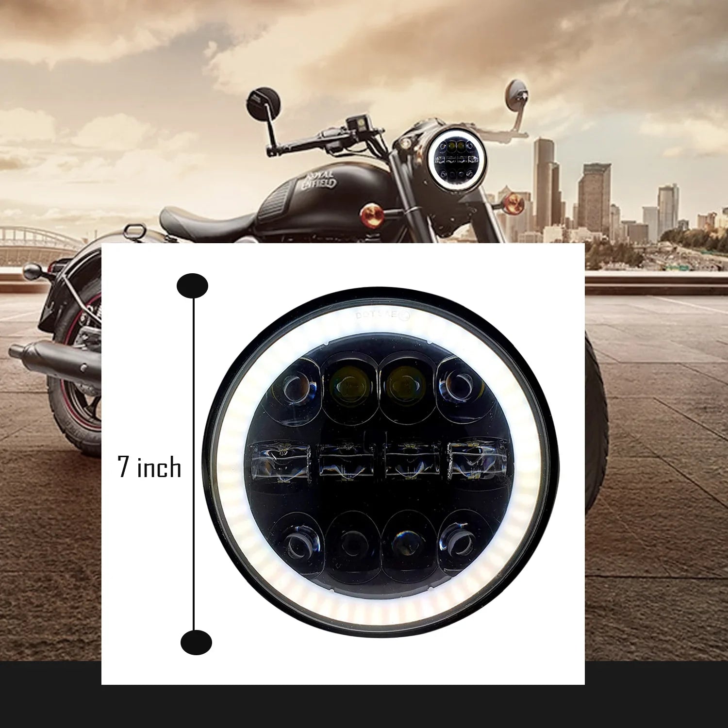 HJG 7 Inch Round Headlight Compatible with Royal Enfield, Jeep & Harley Davidson (12 LED WHITE) (12V-80V, 75W) - Biker.Store - www.biker.store