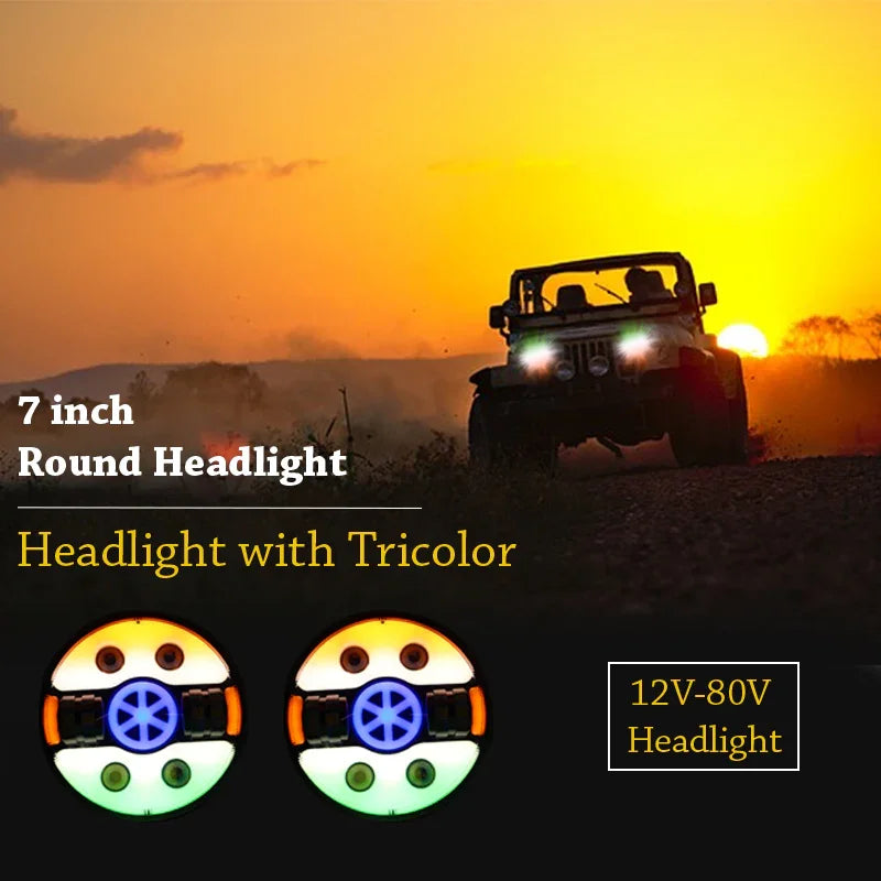 7 Inch Tri Colour Round LED Harley Headlight Fits in Royal Enfield, Thar (12V-80V 90W) (Tiranga) - Biker.Store - www.biker.store