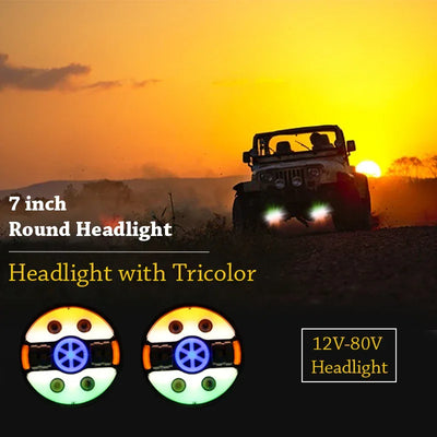 7 Inch Tri Colour Round LED Harley Headlight Fits in Royal Enfield, Thar (12V-80V 90W) (Tiranga) - Biker.Store - www.biker.store
