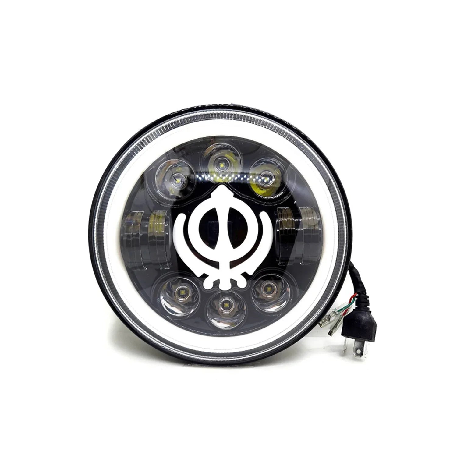 7 Inch Round Headlight Compatible with Royal Enfield, Jeep & Harley Davidson (Khanda DRL) (12V-80V 75W) - Biker.Store - www.biker.store